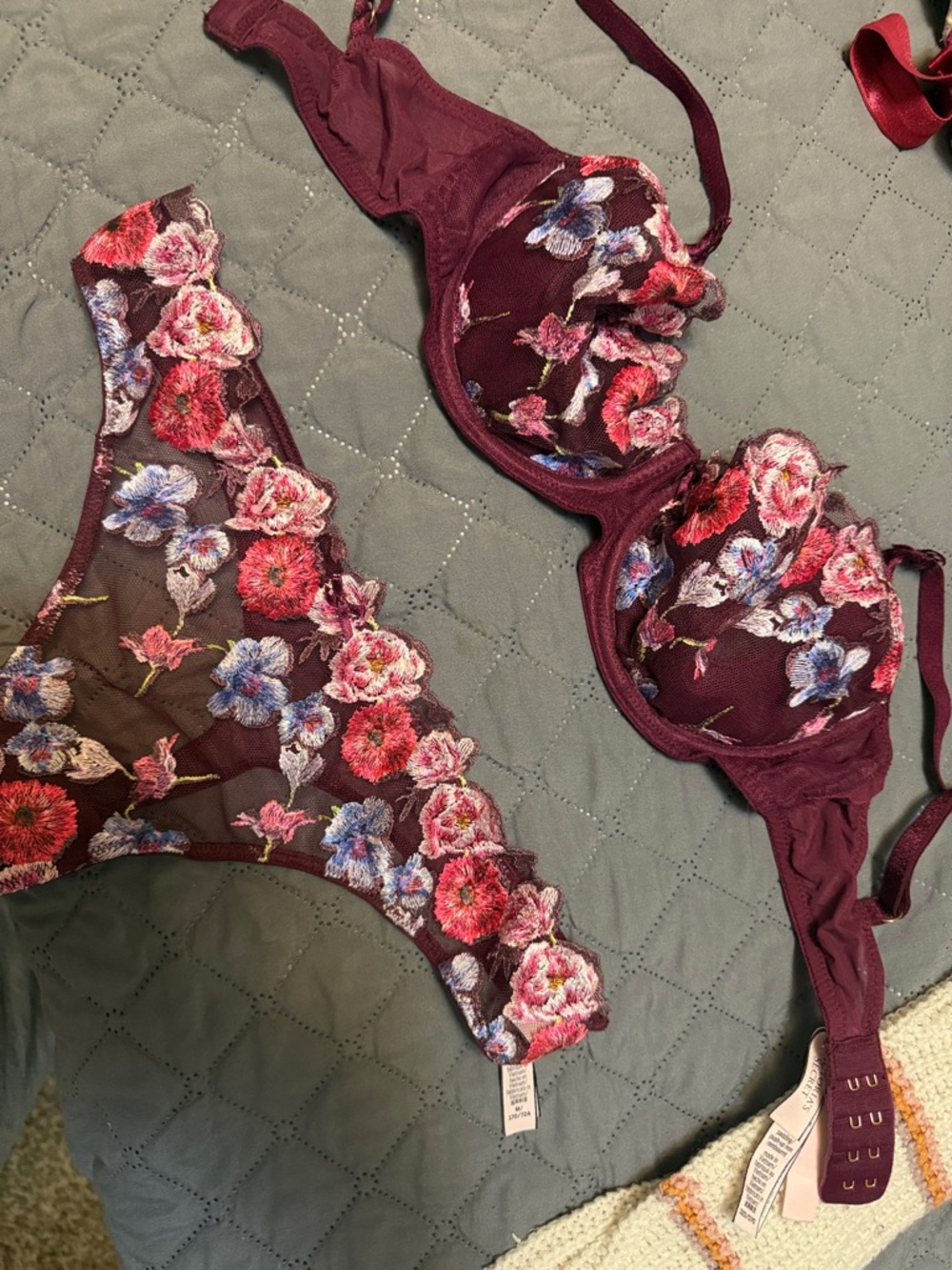 Victoria Secret Floral Embroidered Burgundy Lace Bra & Panty Set